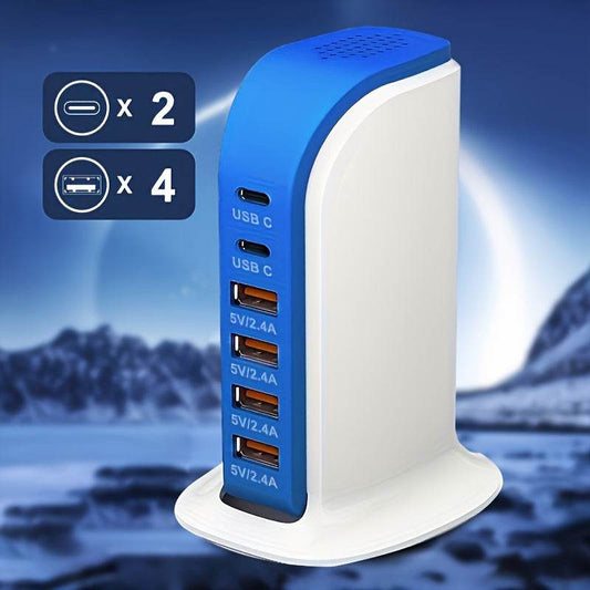 40W Wall-Mounted Charging Station with 6 USB Ports