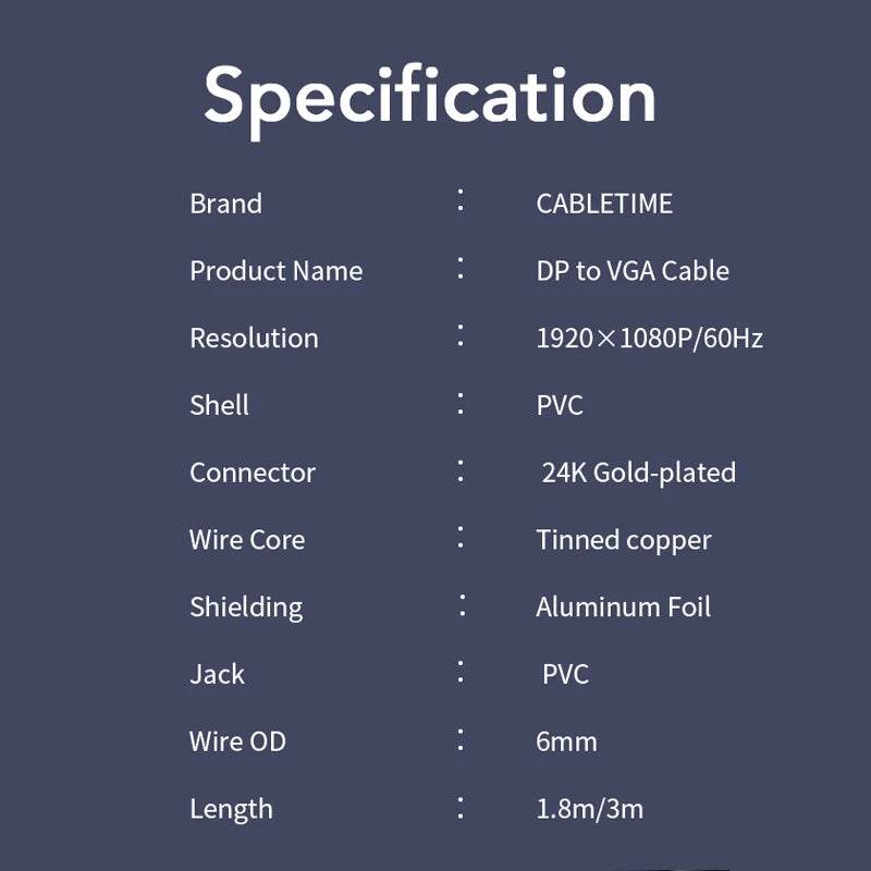 CABLETIME Cablu DisplayPort la VGA 2m - DP la VGA - Venduqo
