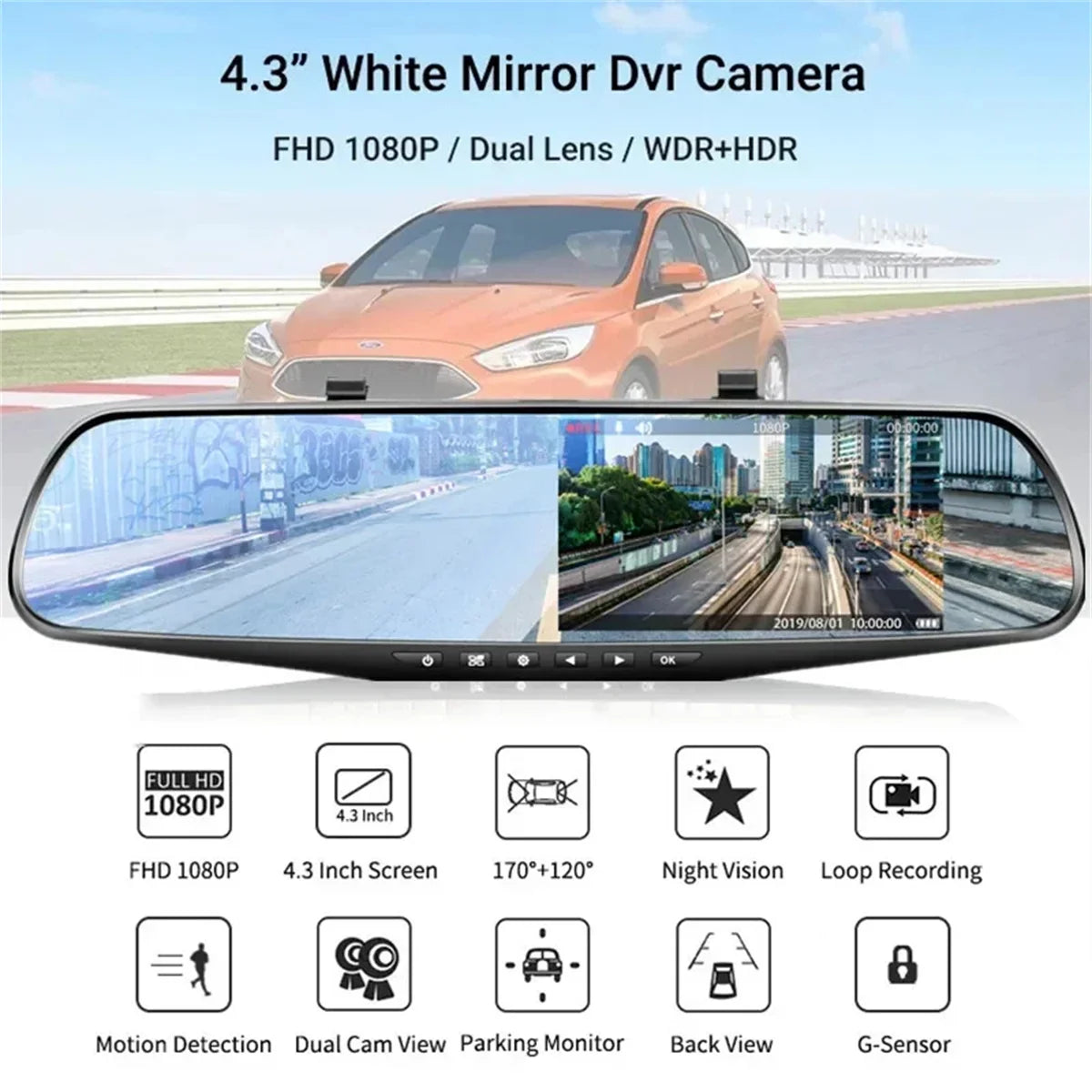 Tigebraver Camera DVR pentru Oglinda Retrovizoare 4.3" 1080P