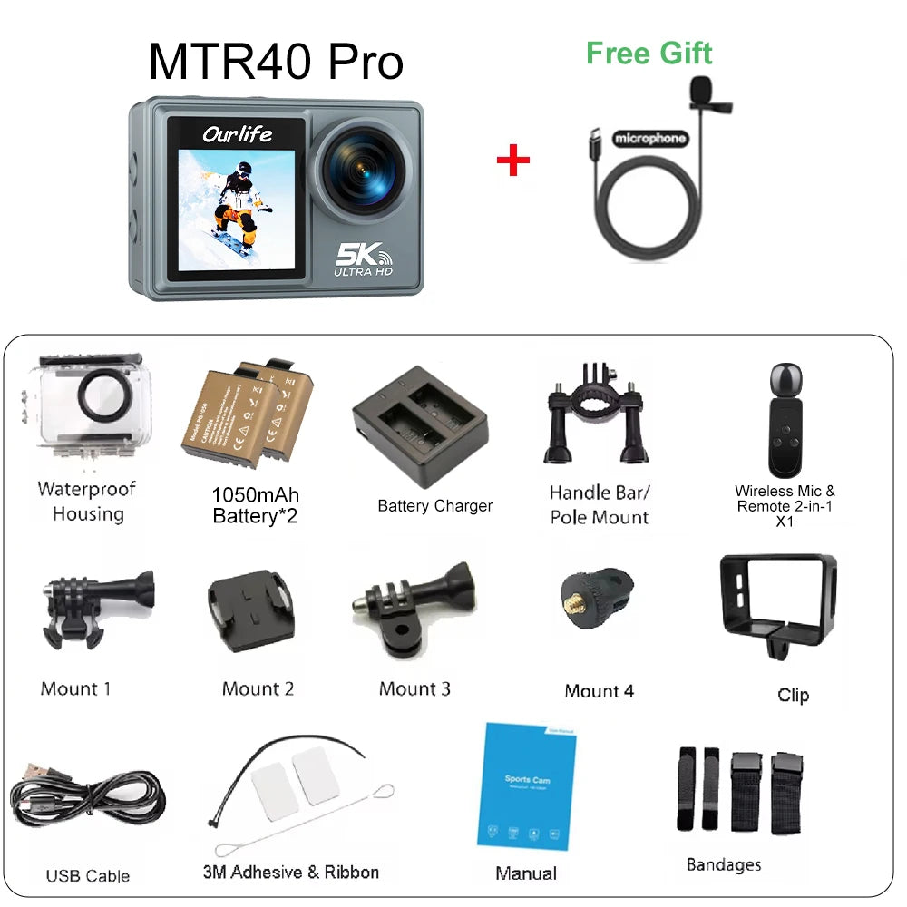 Ourlife MTR40 5K Action Camera with Touchscreen & Zoom