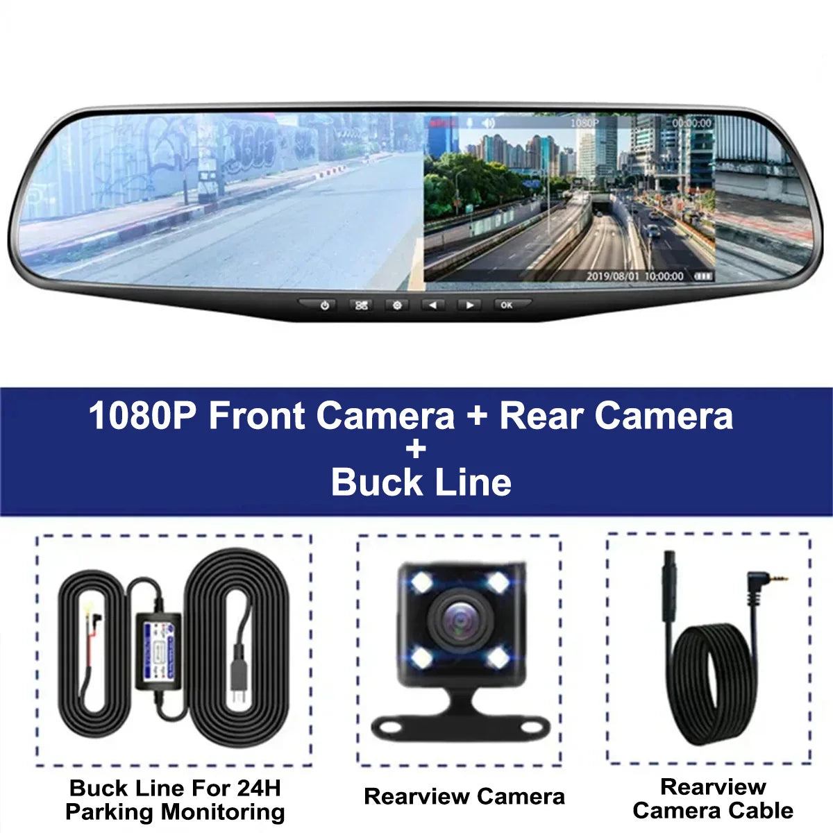 Tigebraver Camera DVR pentru Oglinda Retrovizoare 4.3" 1080P