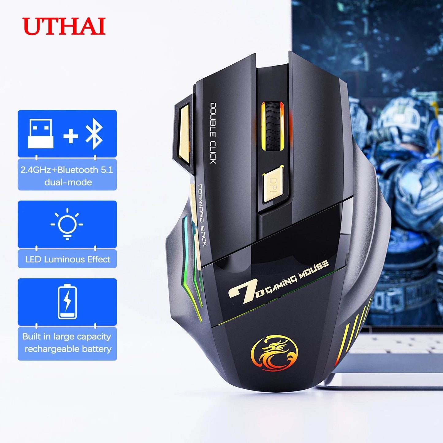 Mouse wireless UTHAI GW-X7 cu iluminare colorată - Venduqo