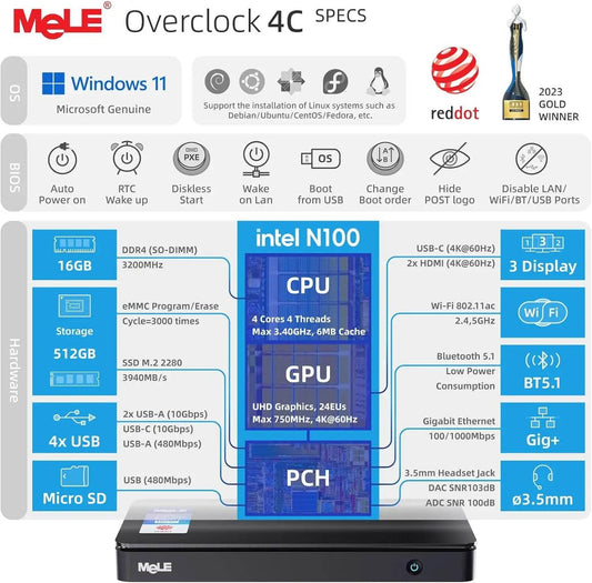 MeLE Slim Mini PC N100 – 16GB RAM, 512GB SSD, Windows 11 - Venduqo