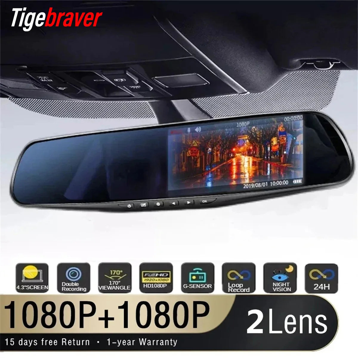 Tigebraver Camera DVR pentru Oglinda Retrovizoare 4.3" 1080P