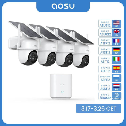 AOSU 3MP Solar Wireless Security Camera System - 4 Cameras