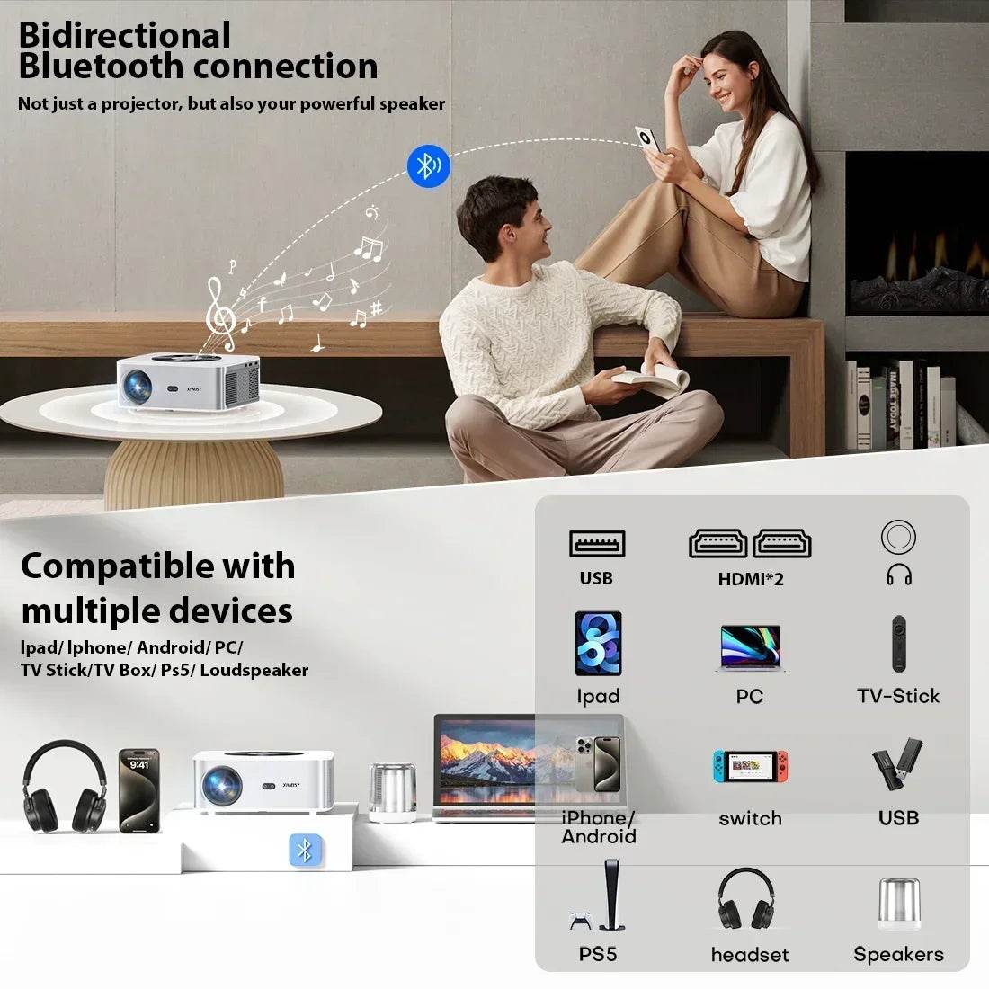 XIWBSY Proiector AutoFocus 1000Ansi cu Bluetooth 5.2 - Venduqo