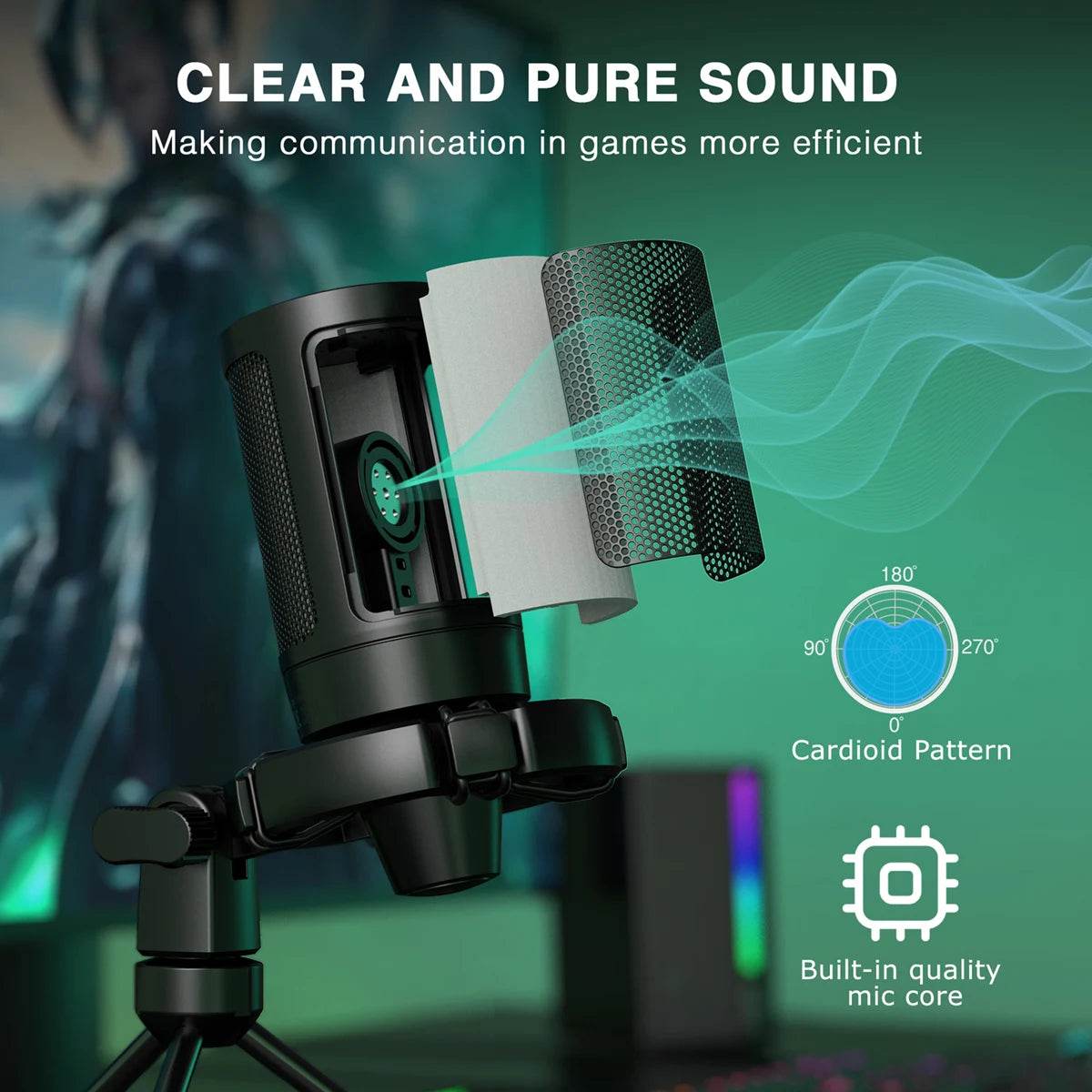 Microfon de Gaming RGB USB AmpliGame - Mute cu Atins Ușor, Tripod Inclus - Venduqo