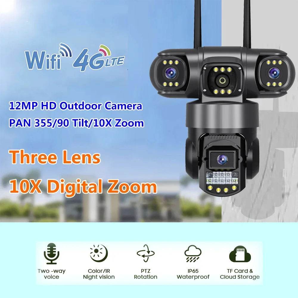 Cameră de Supraveghere Wireless 3 Lentile - 4G SIM, Noapte Colorată - Venduqo