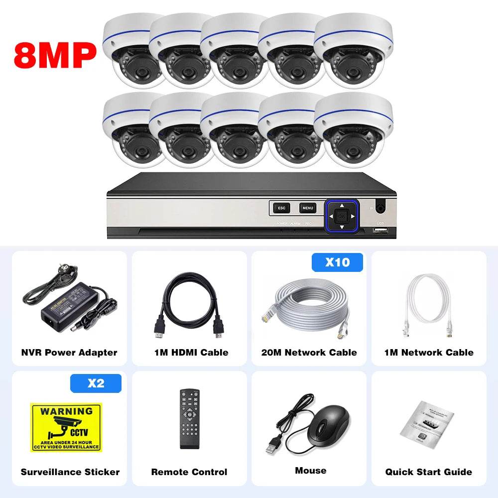Kit de Supraveghere Gadinan 4K POE cu 10 Canale și Camere Dome Vandalproof - Venduqo