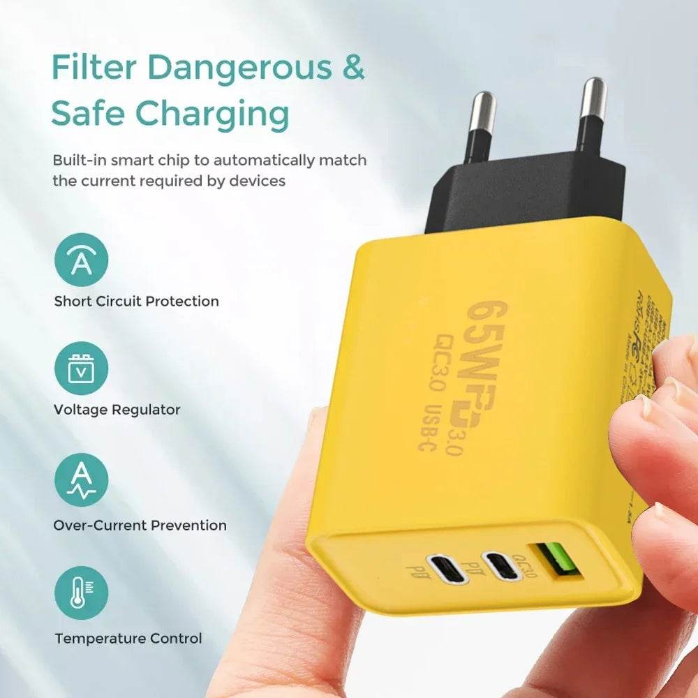 Încărcător 65W cu 3 Porturi USB PD - Încărcare Rapidă - Venduqo