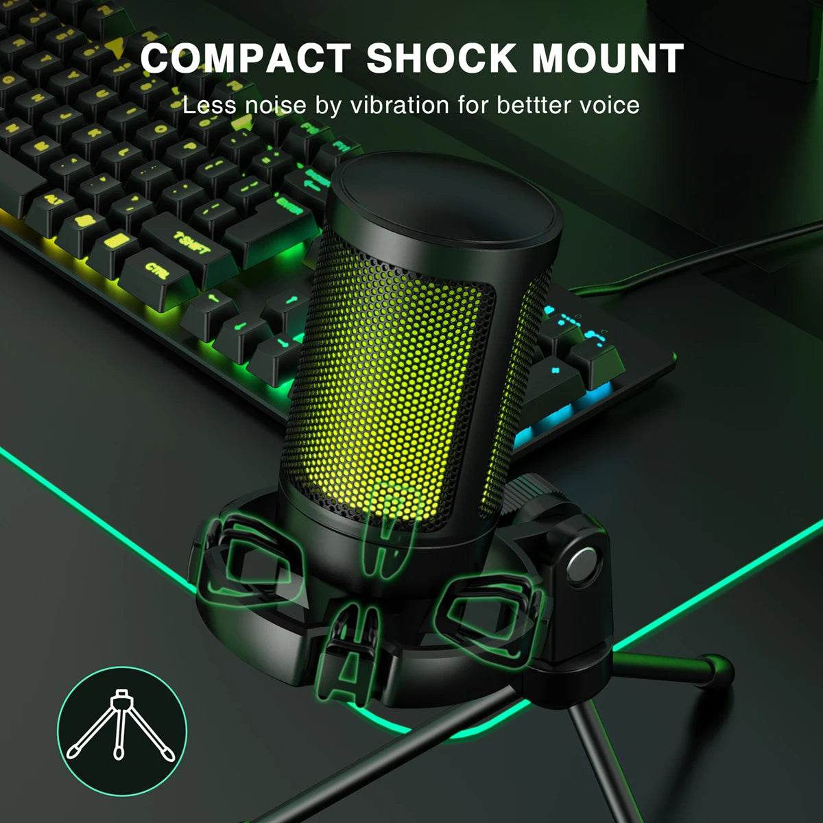 Microfon de Gaming RGB USB AmpliGame - Mute cu Atins Ușor, Tripod Inclus - Venduqo