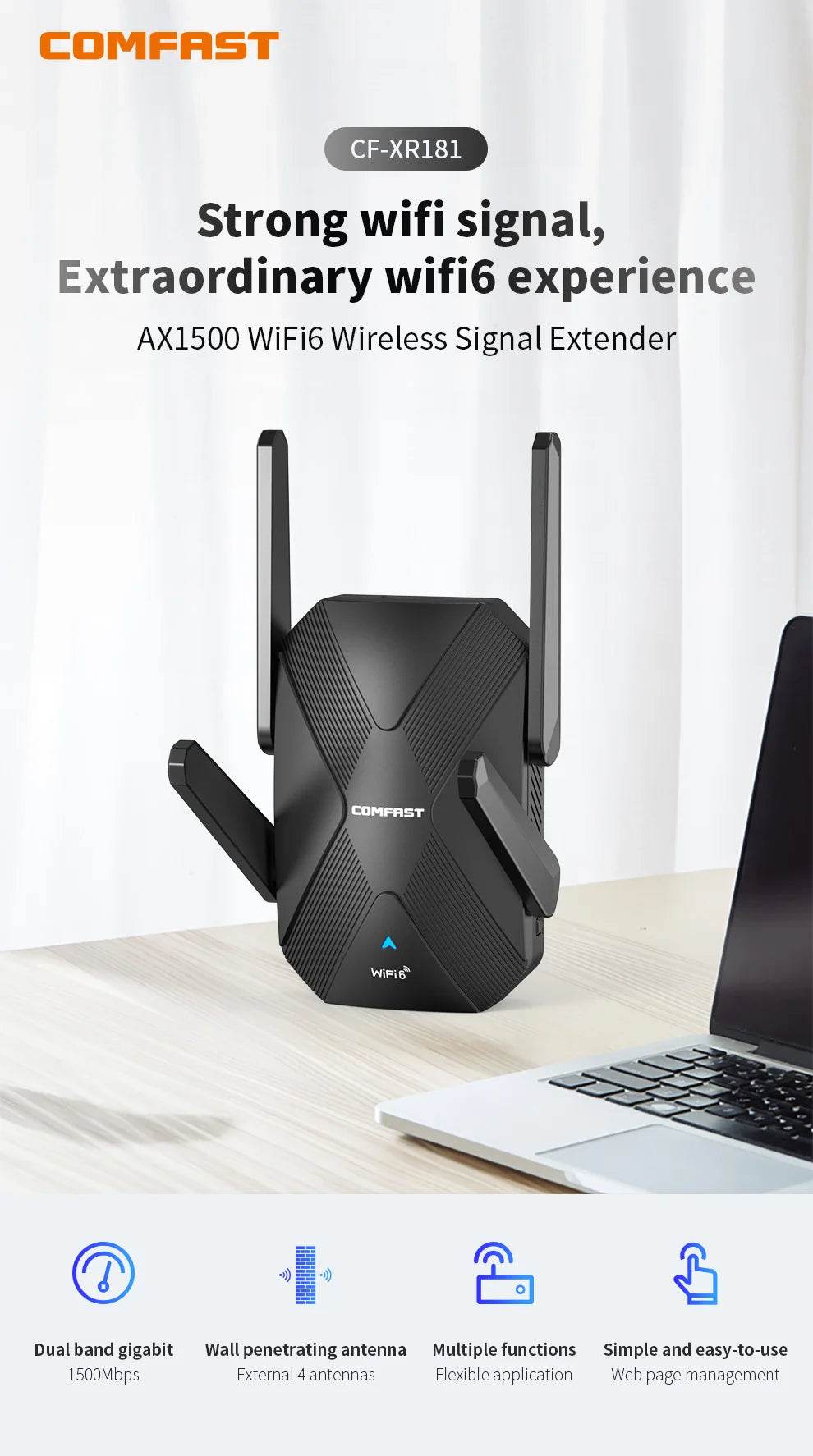 Repetitor Wifi 6 AX1500 cu 4 Antene - Extensor Sinal 5GHz - Venduqo