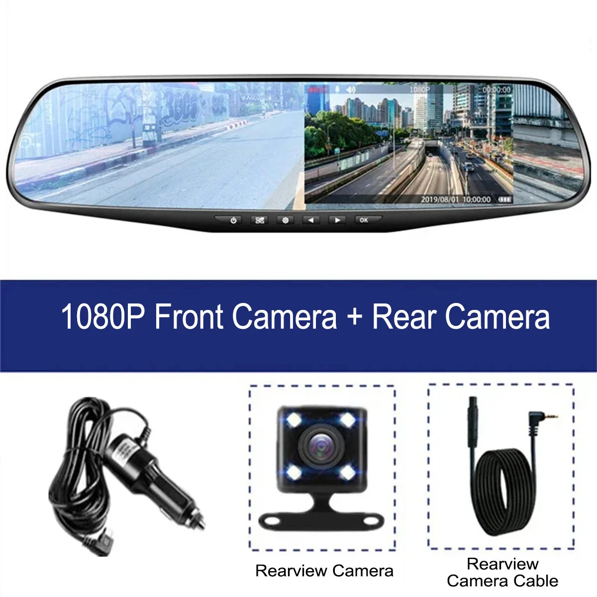 Tigebraver Camera DVR pentru Oglinda Retrovizoare 4.3" 1080P