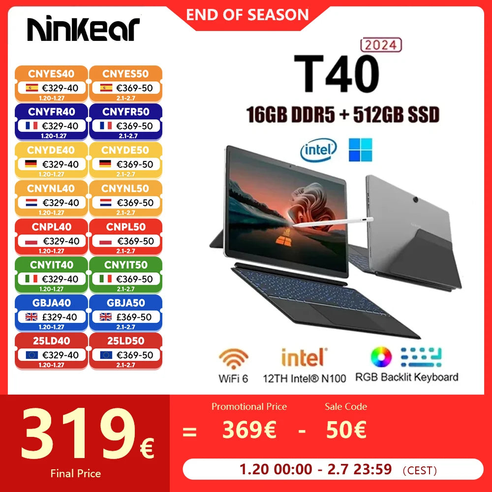 Ninkear T40 2-in-1 Touch Screen Laptop - Intel N100 14" FHD