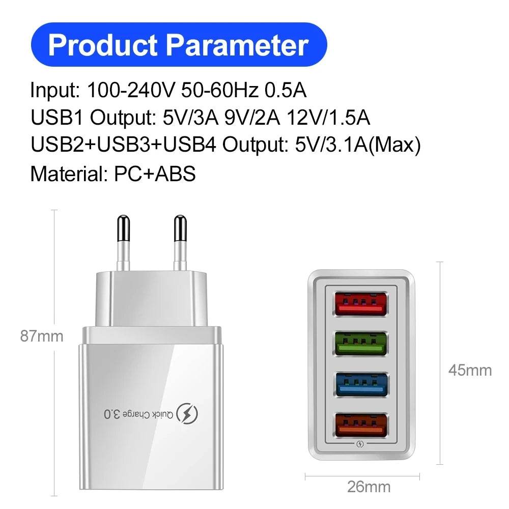 Încărcător rapid 4 USB cu adaptor de priza EU US 3A - Venduqo
