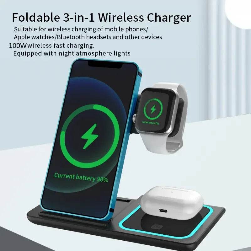 Încărcător Wireless 3 în 1 Pliabil cu LED pentru iPhone și Apple Watch - Venduqo