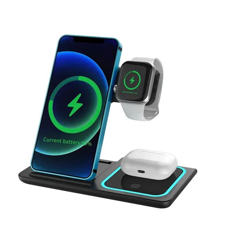 Încărcător Wireless 3 în 1 Pliabil cu LED pentru iPhone și Apple Watch - Venduqo