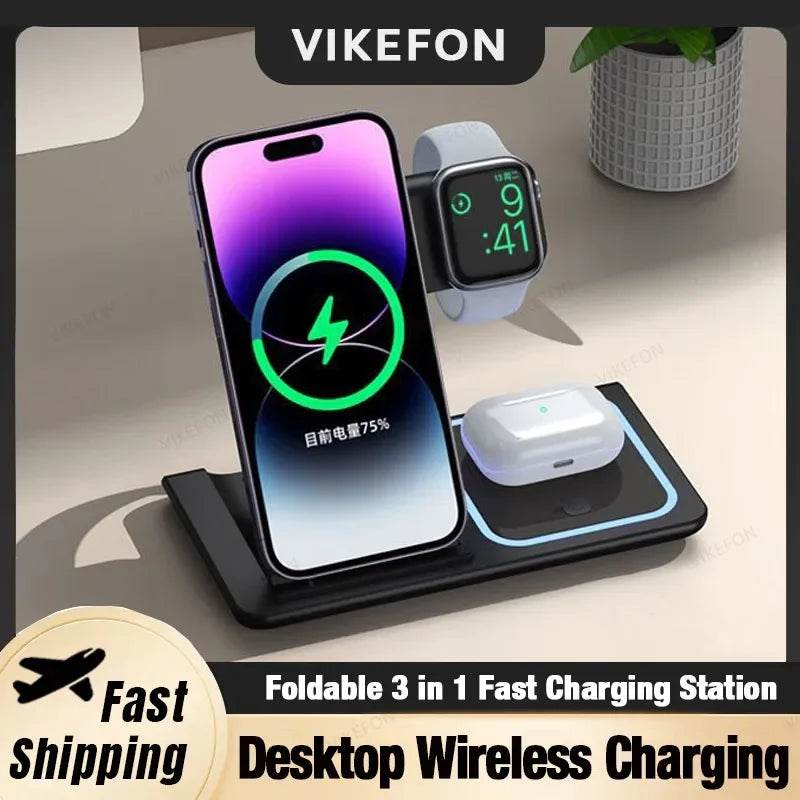Încărcător Wireless 3 în 1 Pliabil cu LED pentru iPhone și Apple Watch - Venduqo