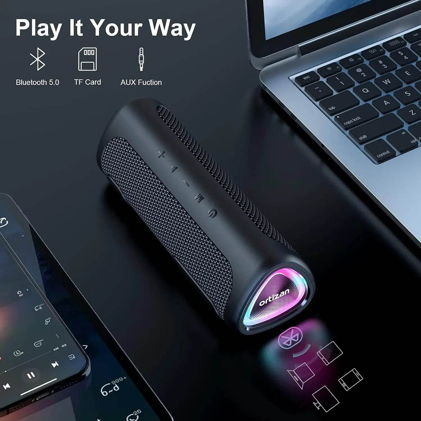 Difuzor Bluetooth Ortizan M7 - Bas Puternic, IPX7 Waterproof, Lumini RGB - Venduqo