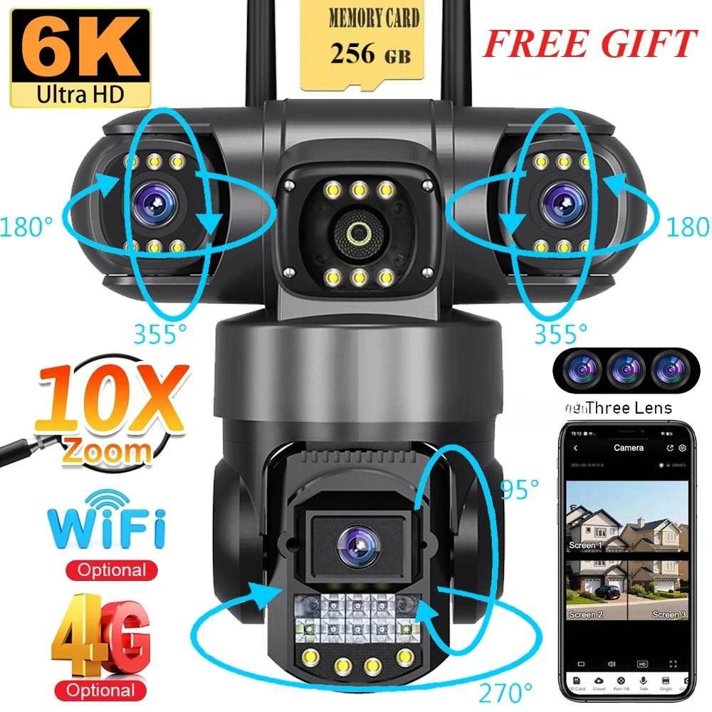 Wireless Security Camera with 3 Lenses - 4G SIM & Color Night Vision