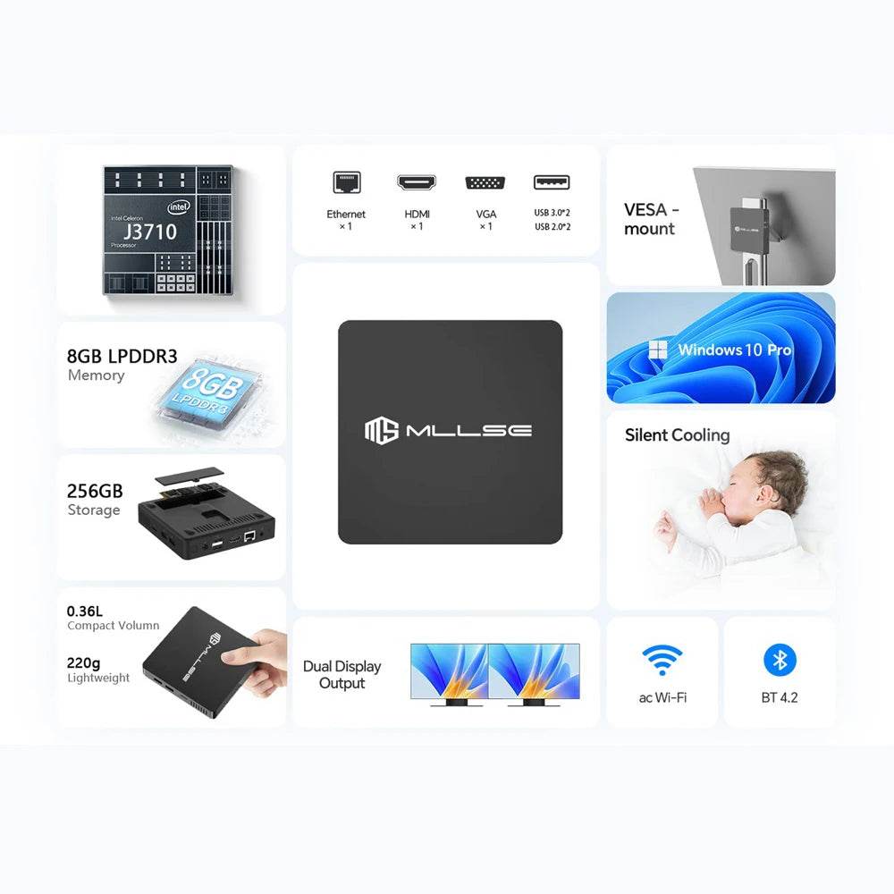 Mini PC MLLSE M2 Pro cu Intel J3710, 8GB RAM, 256GB SSD - Venduqo
