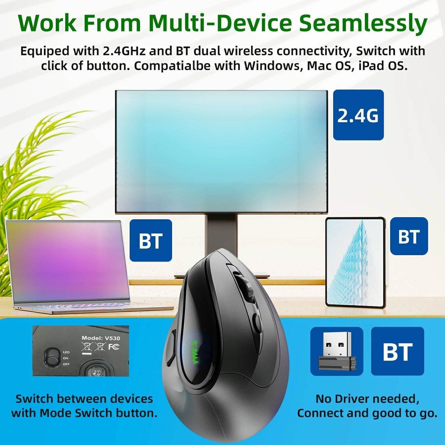 Mouse Vertical Ergonomic Wireless RGB Reîncărcabil Dual Mode - Venduqo
