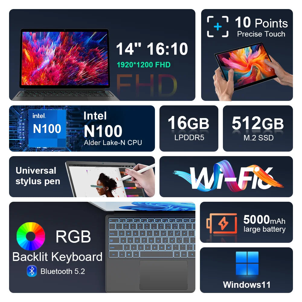 Ninkear T40 2-in-1 Touch Screen Laptop - Intel N100 14" FHD