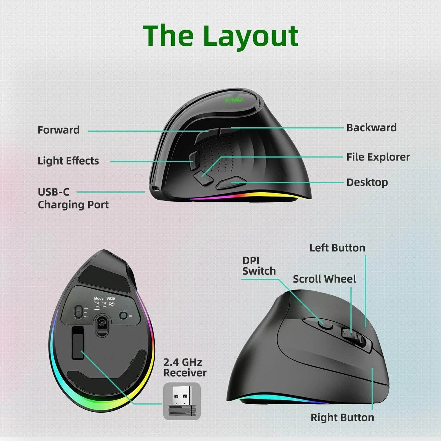 Mouse Vertical Ergonomic Wireless RGB Reîncărcabil Dual Mode - Venduqo