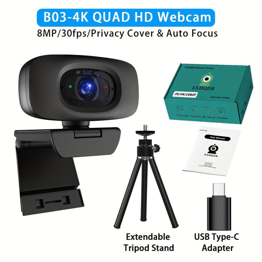 EXHQDR 4K Webcam with Privacy Cover & Autofocus