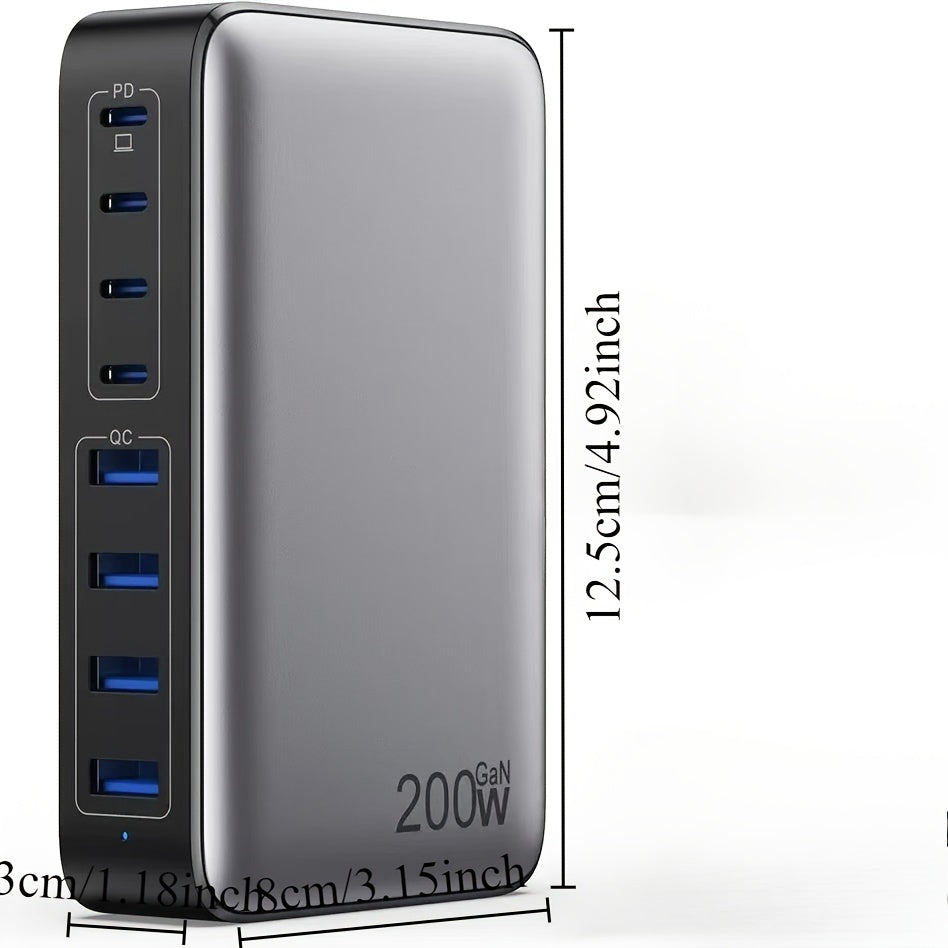 Încărcător Rapid 200W cu Hub USB-C și 8 Porturi