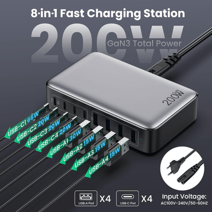 Încărcător Rapid 200W cu Hub USB-C și 8 Porturi