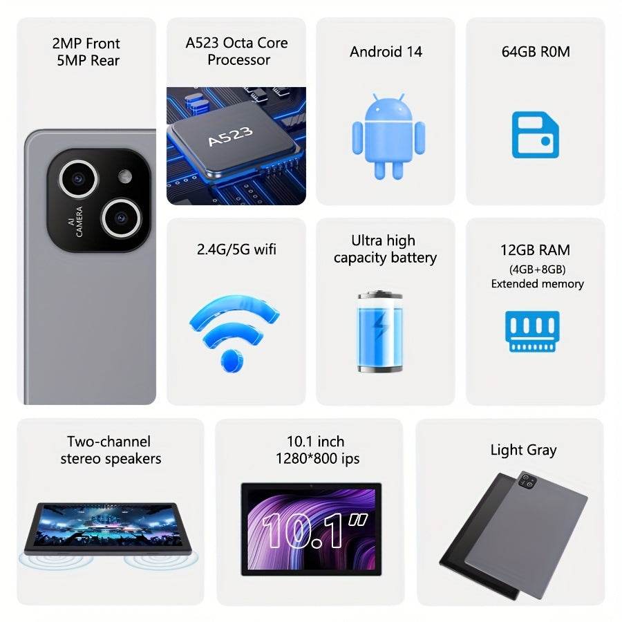 Tableta de 10.1 Inch cu Android 14, 64GB Stocare, 12GB RAM - Venduqo