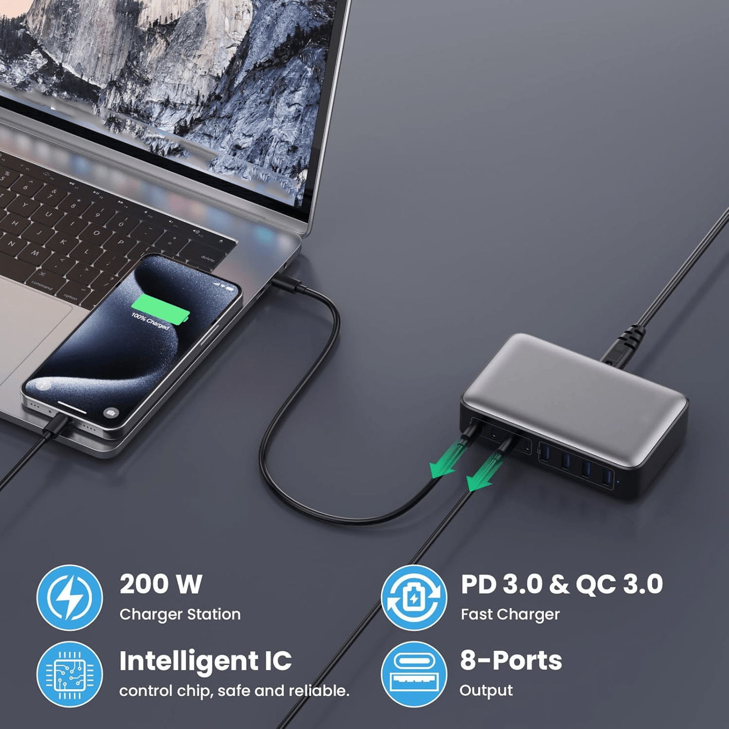 Încărcător Rapid 200W cu Hub USB-C și 8 Porturi