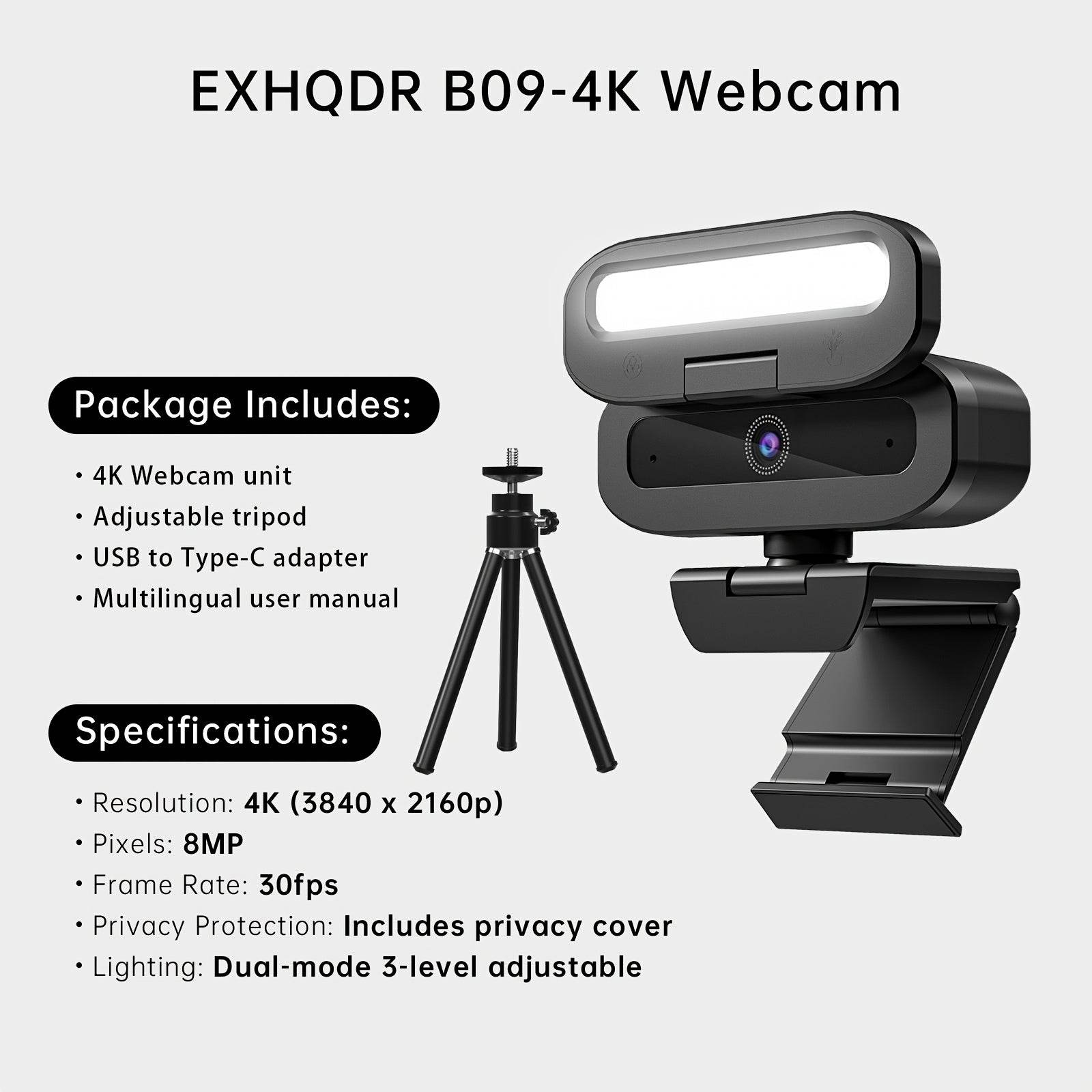 Webcam 4K Ultra HD EXHQDR cu Lumini Reglabile si Microfon - Venduqo