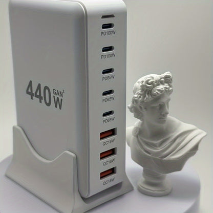 Hub de Încărcare Alb 440W, 8-Port USB C, Adaptor Laptop