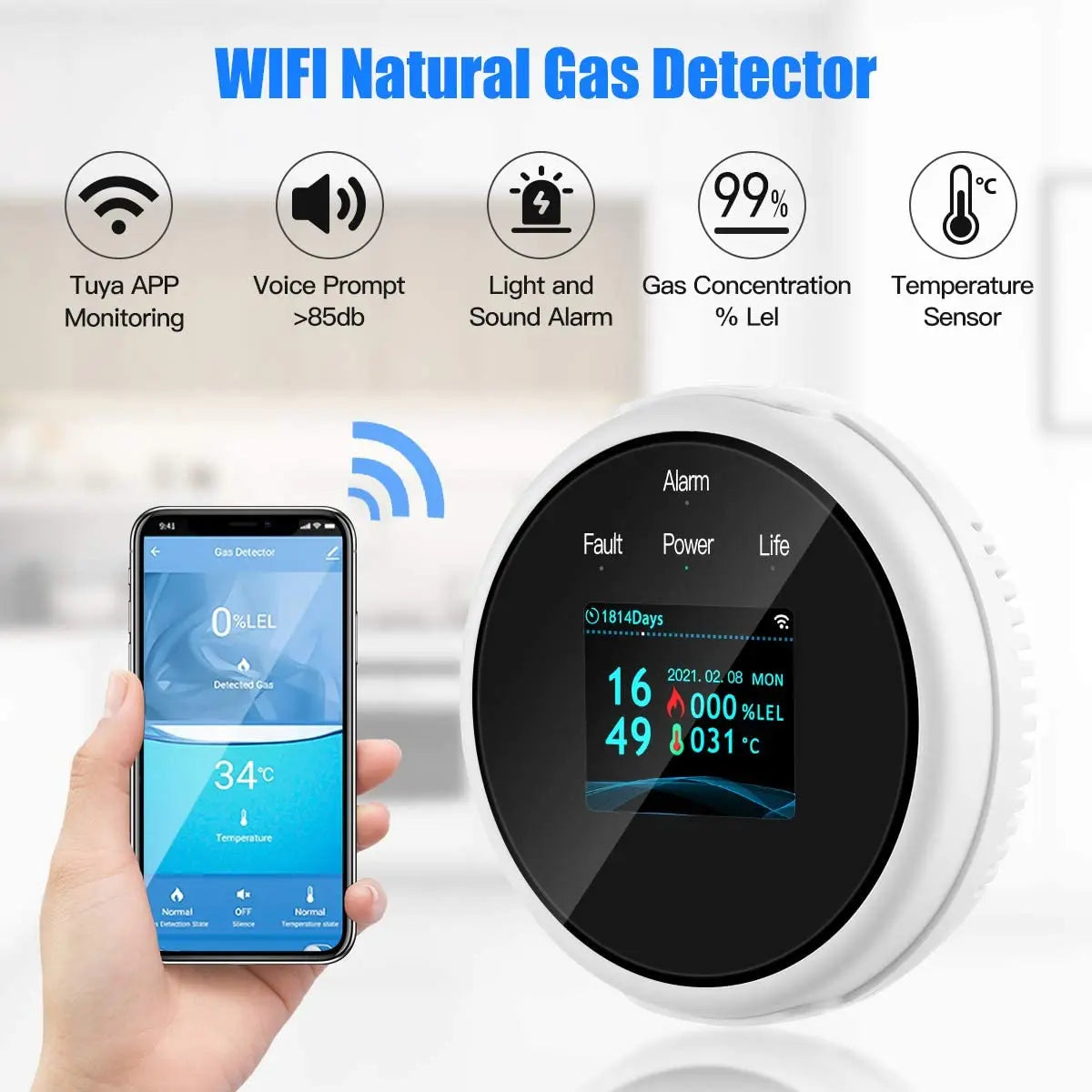 Detector de Gaz Inteligent WiFi Tuya cu Alarmă Digitală