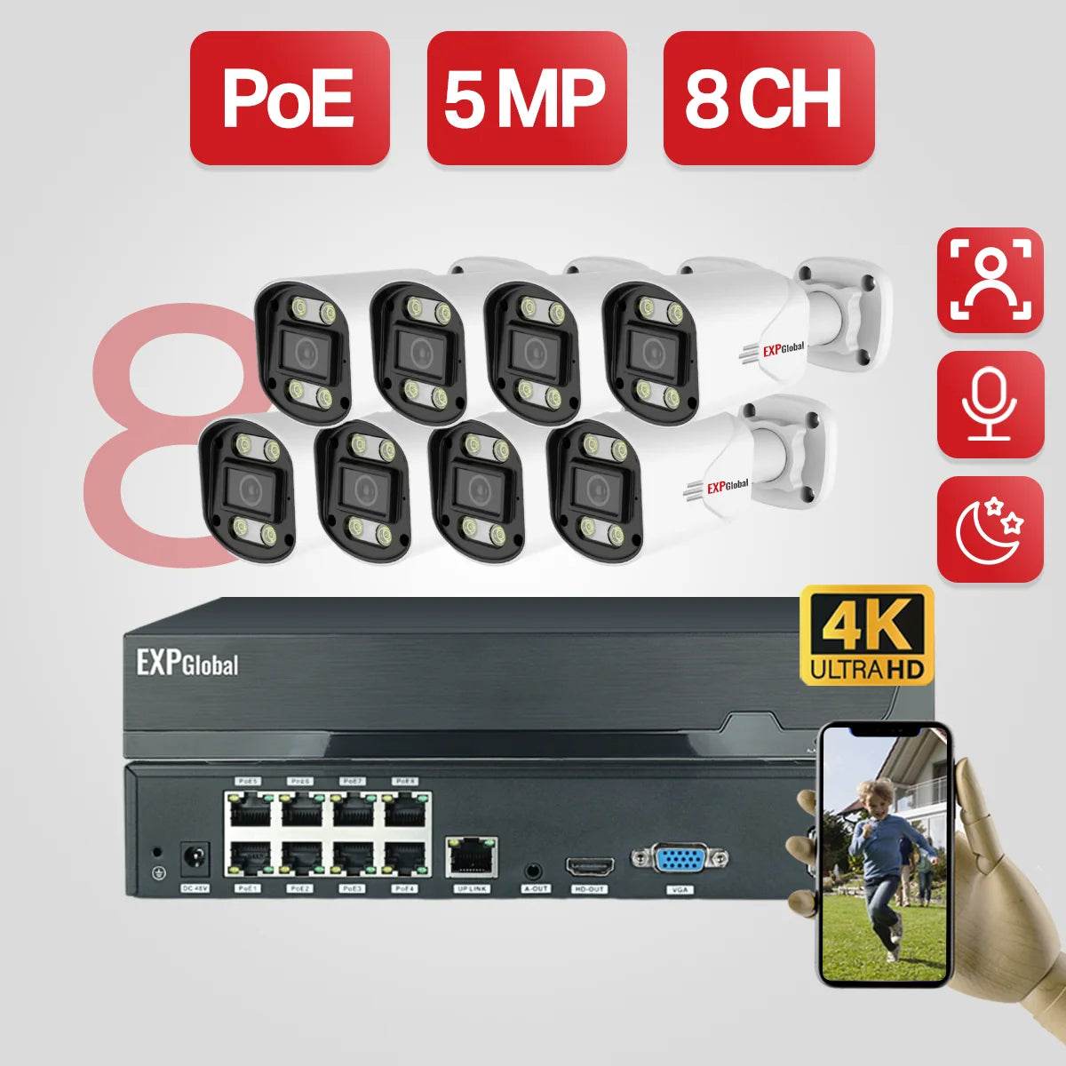 Sistem de Securitate EXPGobal 8MP/5MP POE - Camere Exterioare - Venduqo