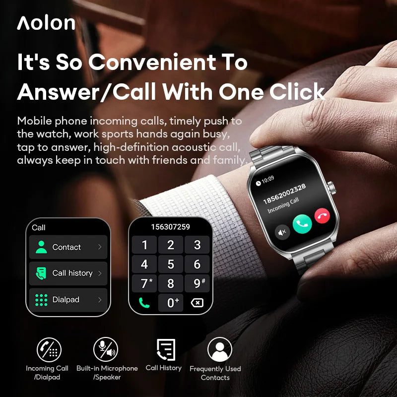Ceas inteligent Aolon 2.01" cu ecran curbat, pentru bărbați și femei, waterproof