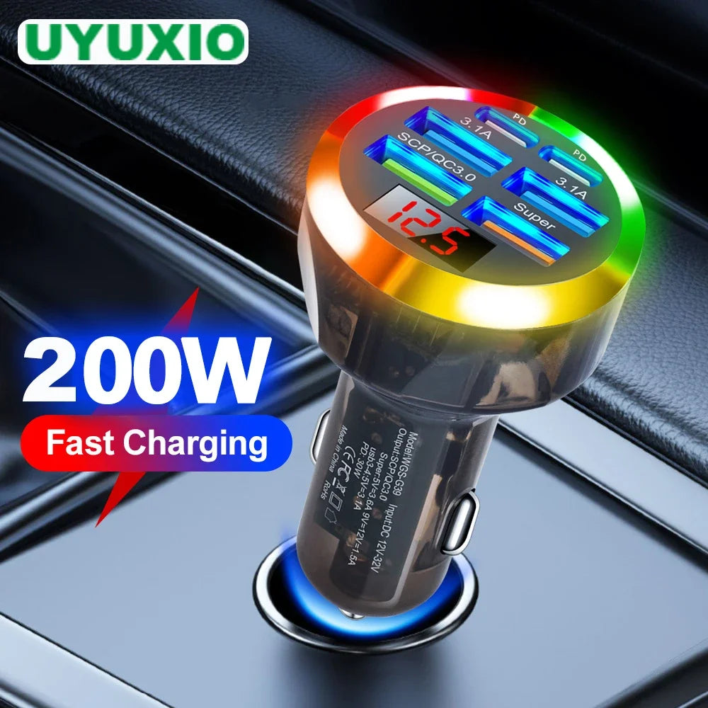 Încărcător Auto USB C Transparent UYUXIO 6 în 1 Super Rapid