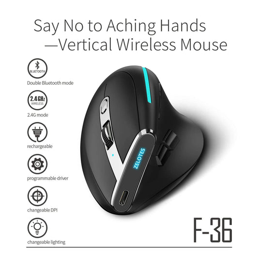 Mouse Vertical Wireless ZELOTES F-36 cu Iluminare RGB - Venduqo