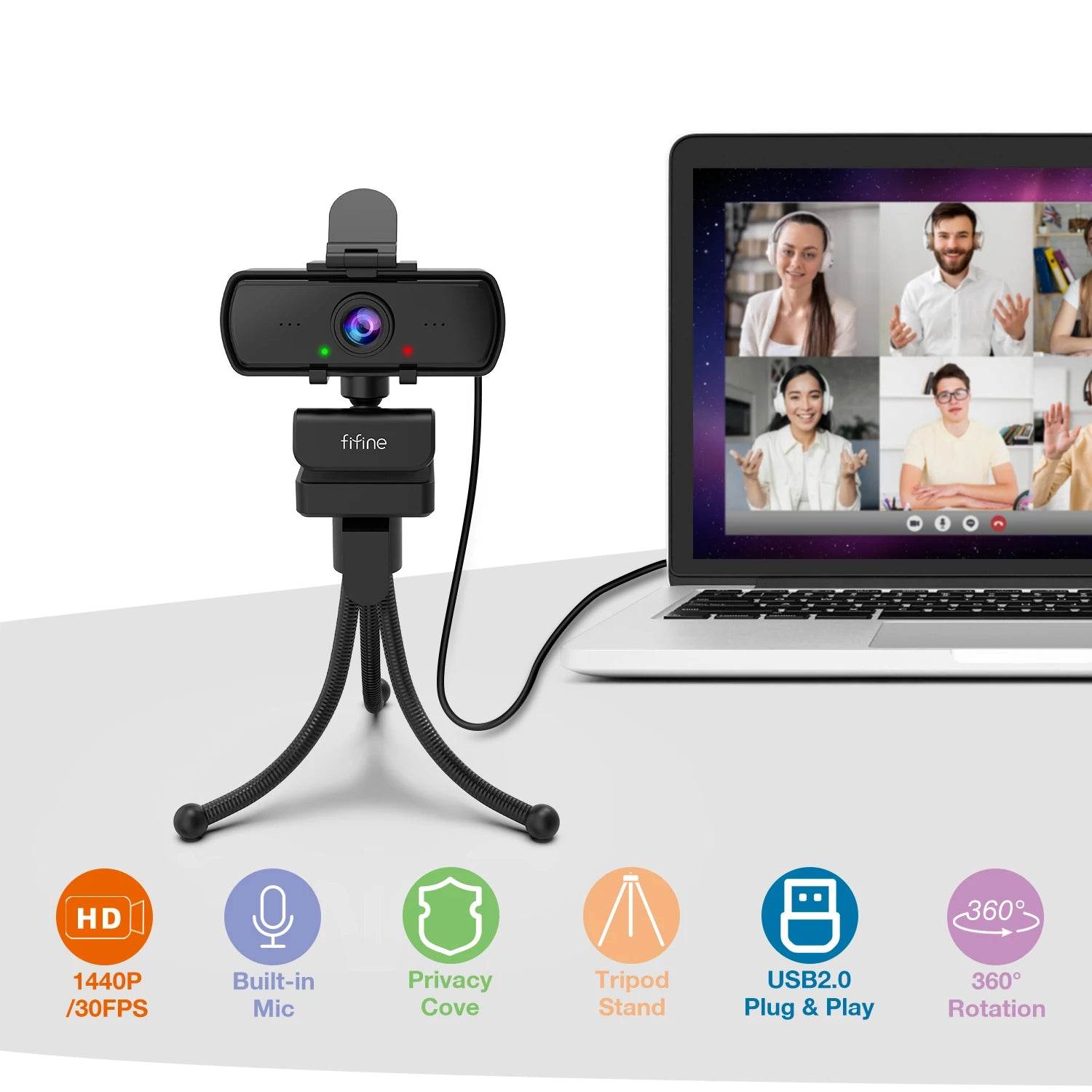 Webcam FIFINE 1440p Full HD cu Microfon și Trepied - Venduqo