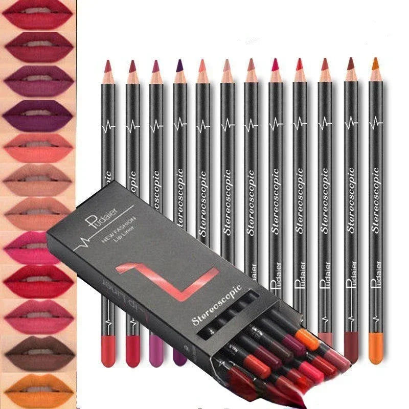 Set Creioane Ruj Mate cu Lip Liner - 12 Piese