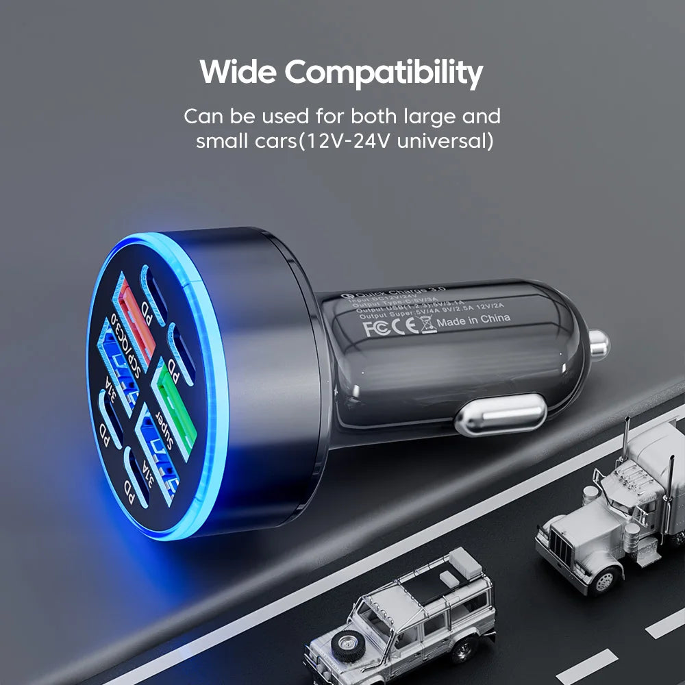 Încărcător Auto Rapid 100W cu 6 Porturi USB-C și QC3.0