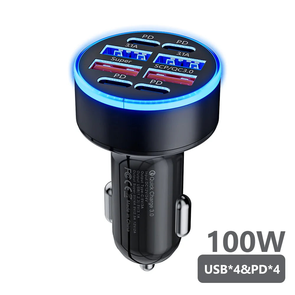 Încărcător Auto Rapid 100W cu 6 Porturi USB-C și QC3.0