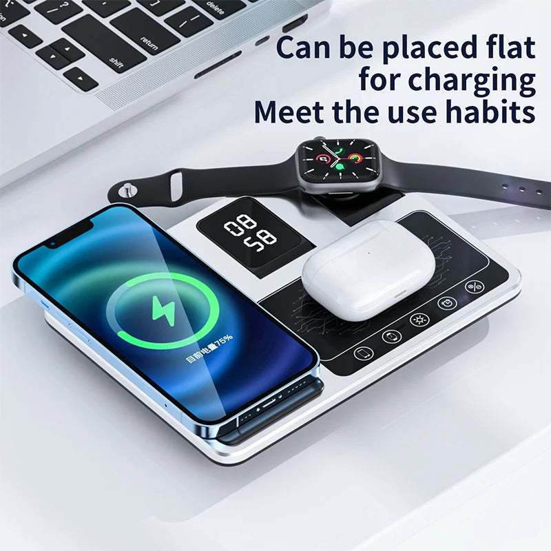 Încărcător Wireless 3 în 1 cu Stand și Lumină pentru iPhone, Apple Watch și AirPods