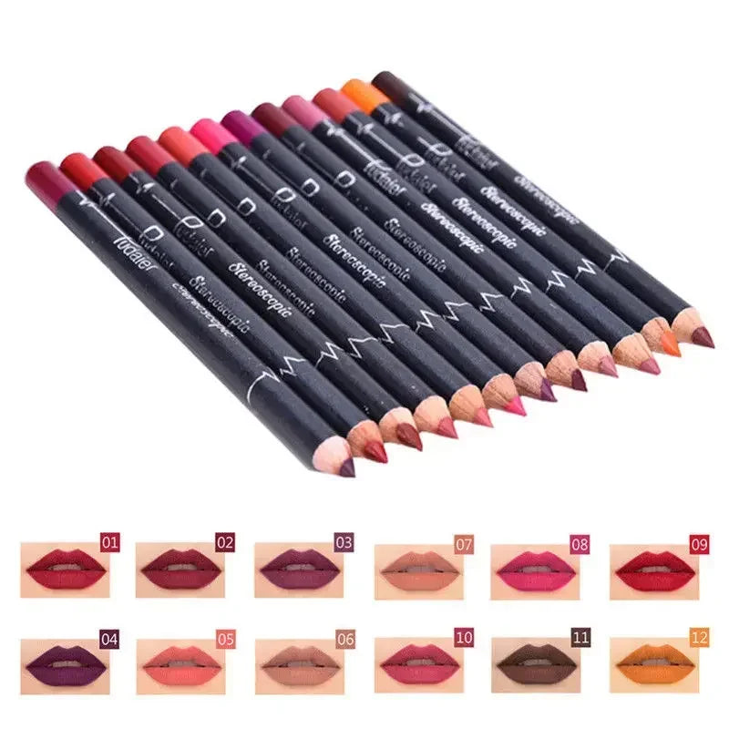 Set Creioane Ruj Mate cu Lip Liner - 12 Piese