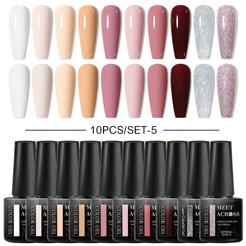 Set 10 Piese Oja Gel Semi Permanent Nude Roz Alb Glitter