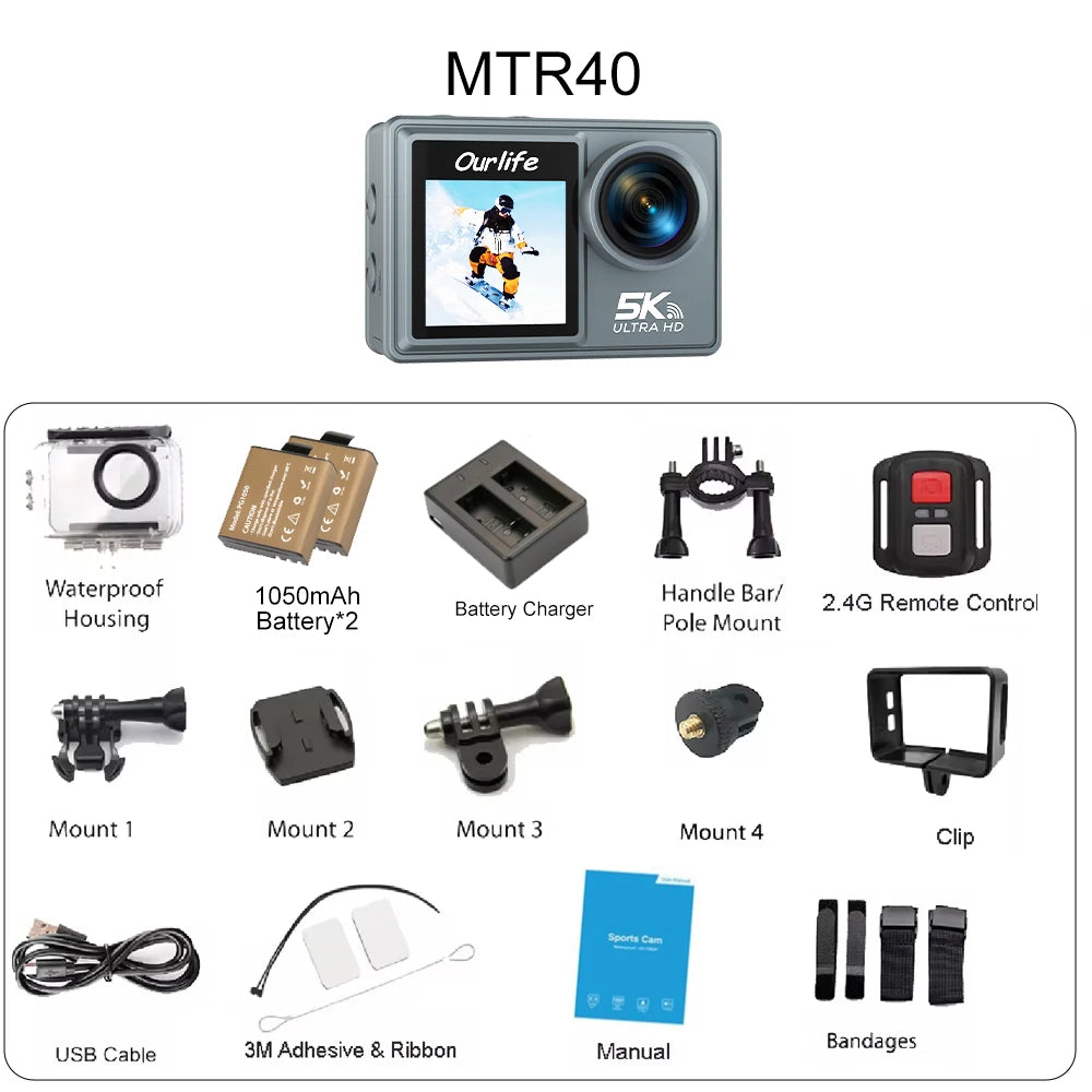 Cameră de acțiune Ourlife MTR40 5K cu ecran tactil de 2" și zoom 5x