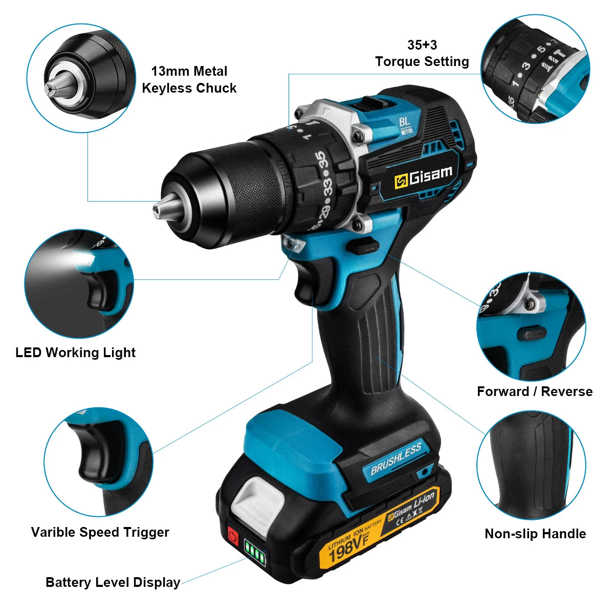 Gisam 65N.m 13MM 35+3 Dragă Perforator Electric Fără Fir