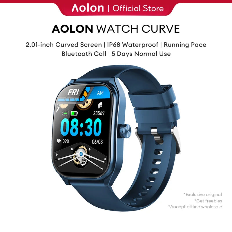 Ceas inteligent Aolon 2.01" cu ecran curbat, pentru bărbați și femei, waterproof